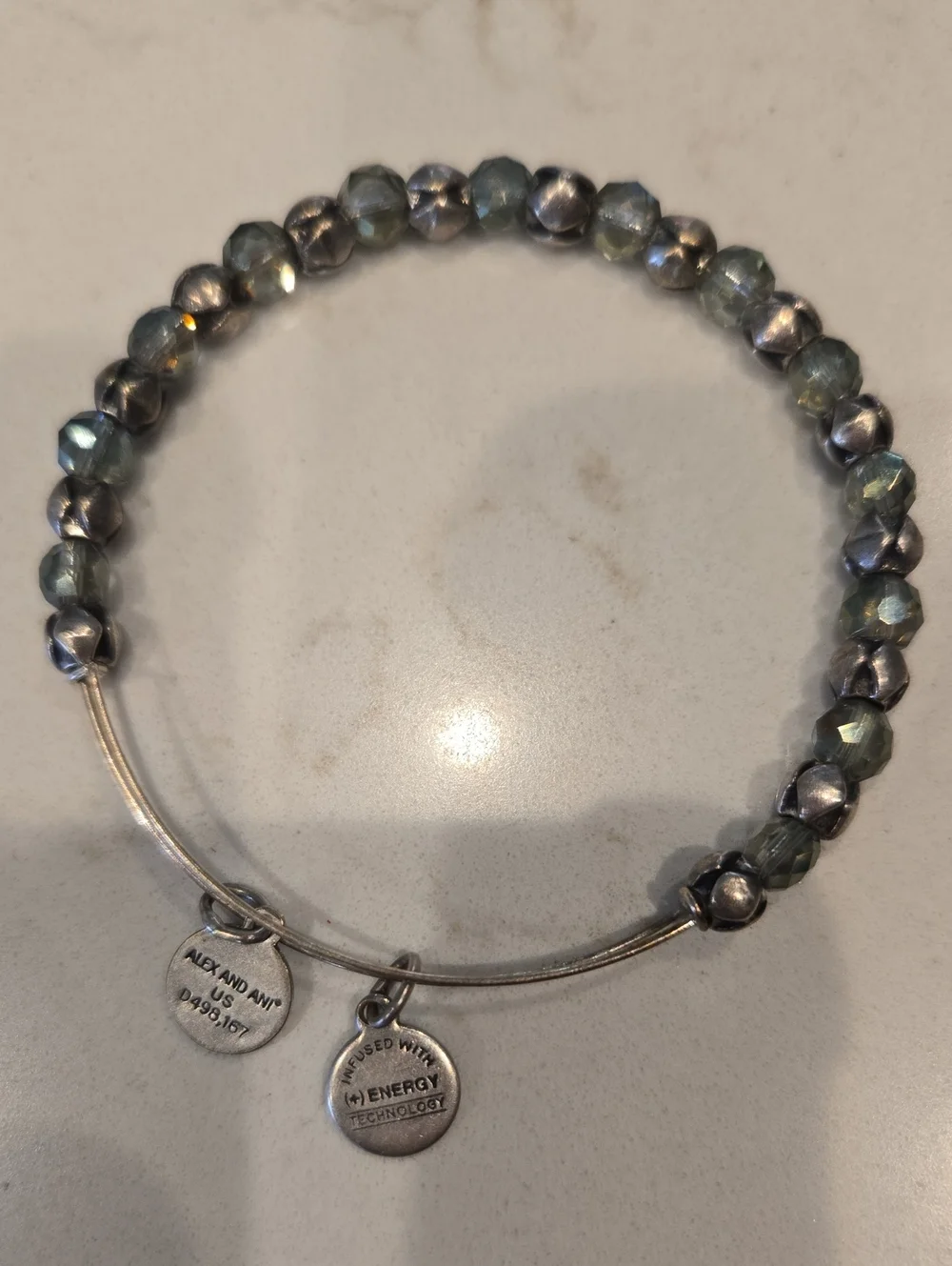 Alex and Ani Silver and Green Faceted Bead Bangle